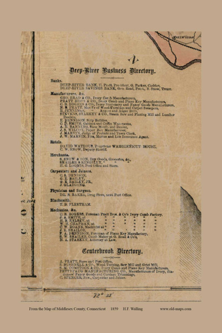 Business Directories - Deep River and Centre Brook, Connecticut 1859 Middlesex Co. - Old Map Custom Print