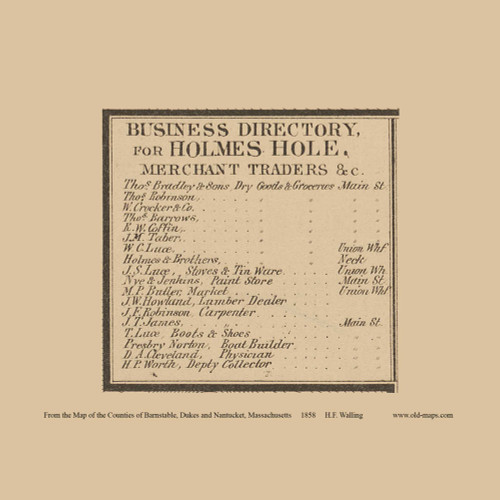 Holmes Hole Business Directory - Tisbury Massachusetts 1858 Old Town Map Custom Print - Dukes Co.