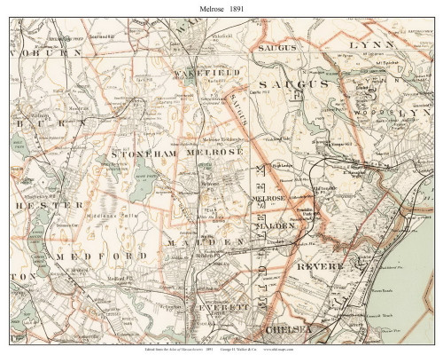 Melrose, 1891 - Old Town Map Reprint - Middlesex Co. - 1891 Atlas of Massachusetts