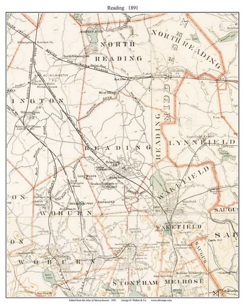 Reading, 1891 - Old Town Map Reprint - Middlesex Co. - 1891 Atlas of Massachusetts