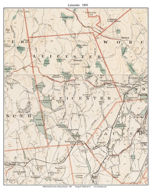 Leicester, 1891 - Old Town Map Reprint - Worcester Co. - 1891 Atlas of Massachusetts