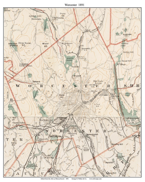 Worcester, 1891 - Old Town Map Reprint - Worcester Co. - 1891 Atlas of Massachusetts