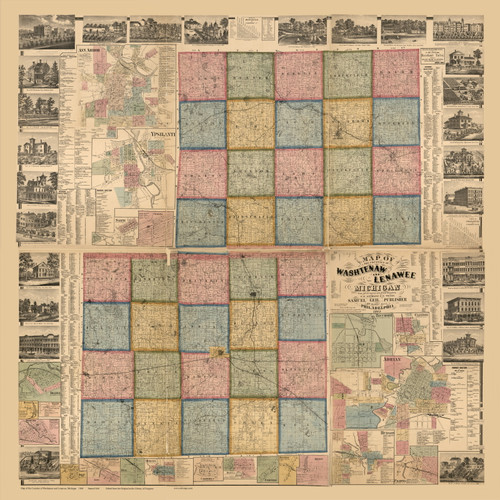 Washtenaw & Lenawee County Michigan 1864 - Old Map Reprint