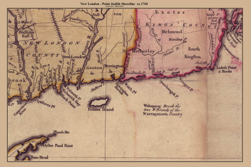 New London to Point Judith Shoreline 1760 Jefferys - Old Map Custom - Rhode Island Cities Other