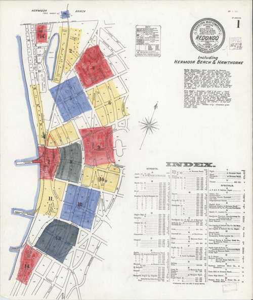 Los Angeles - Redondo Beach California 1908 - Fire Insurance Index - Old Map Reprint