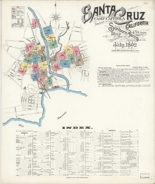 Santa Cruz California 1892 - Fire Insurance Index - Old Map Reprint