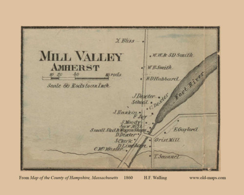Mill Valley, Amherst, Massachusetts 1860 Old Town Map Custom Print - Hampshire Co.