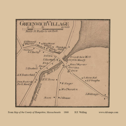 Greenwich Villages, Greenwich, Massachusetts 1860 Old Town Map Custom Print - Hampshire Co.