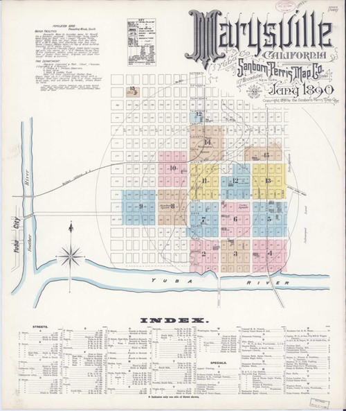 Marysville California 1890 - Fire Insurance Index - Old Map Reprint