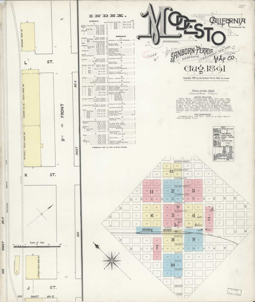 Modesto California 1891 - Fire Insurance Index - Old Map Reprint