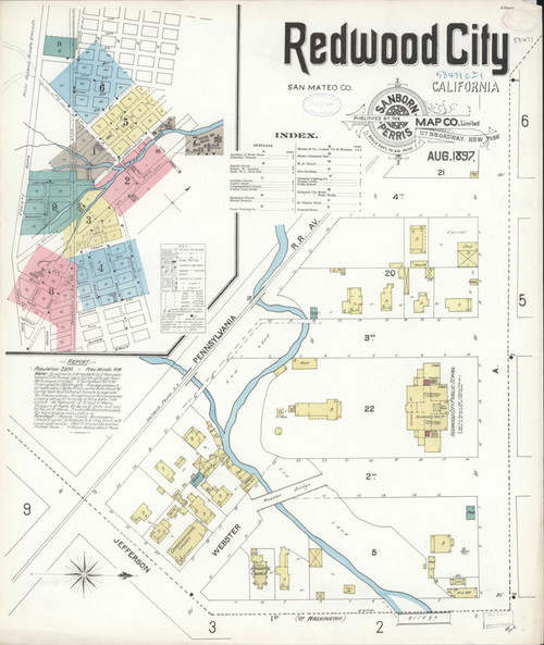 Redwood City California 1897 - Fire Insurance Index - Old Map Reprint