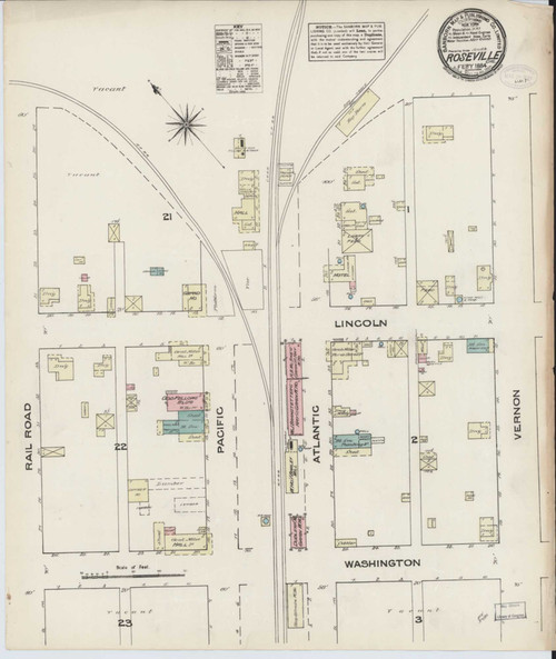 Roseville California 1884 - Fire Insurance Index - Old Map Reprint
