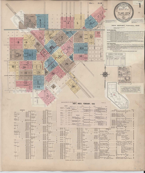 Turlock California 1943 - Fire Insurance Index - Old Map Reprint
