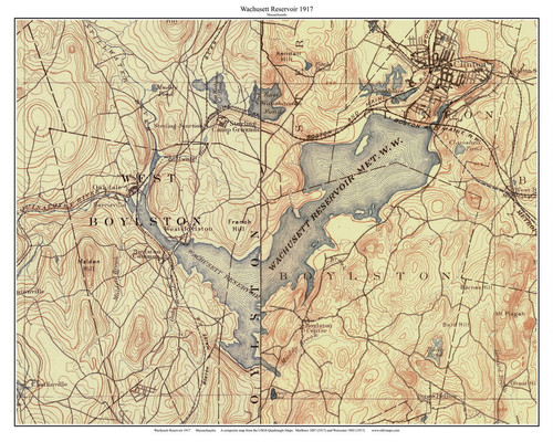 Wachusett Reservoir 1917 - Custom USGS Old Topo Map - Massachusetts 7x7 Custom - Lakes Not Quabbin