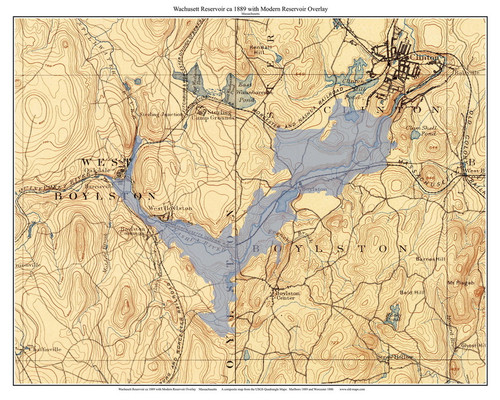 Wachusett Reservoir with Modern Overlay 1889 - Custom USGS Old Topo Map - Massachusetts 7x7 Custom - Lakes Not Quabbin