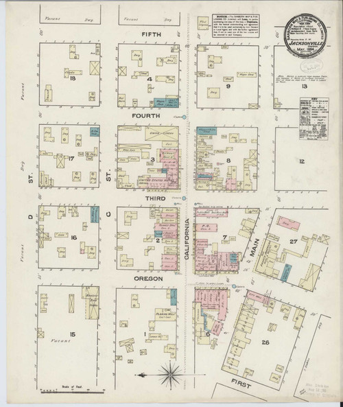 Jacksonville Oregon 1884 - Fire Insurance Index - Old Map Reprint
