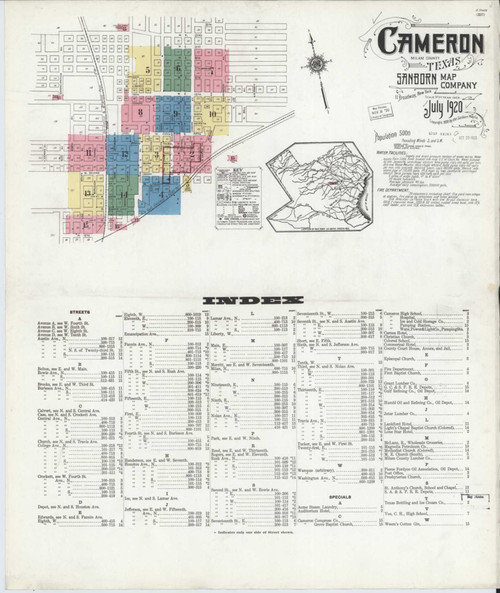 Cameron Texas 1920 - Fire Insurance Index - Old Map Reprint