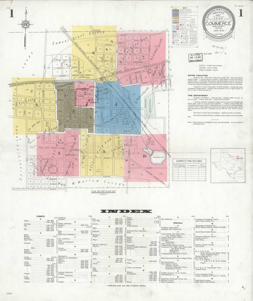 Commerce Texas 1933 - Fire Insurance Index - Old Map Reprint