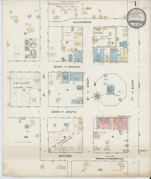 Gatesville Texas 1885 - Fire Insurance Index - Old Map Reprint