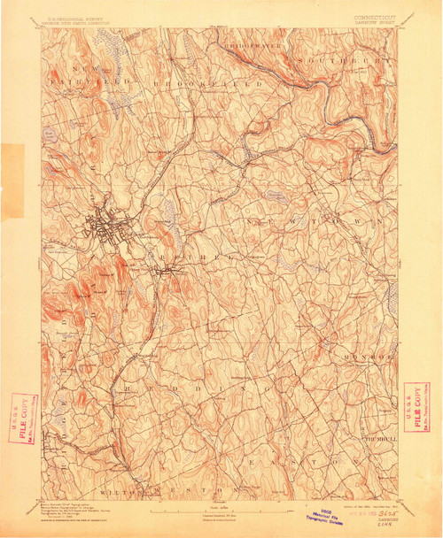 Danbury, CT 1892 (1912) USGS Old Topo Map Reprint 15x15 CT Quad 331005