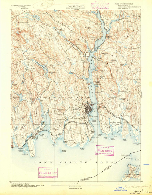 New London, CT 1893 (1903) USGS Old Topo Map Reprint 15x15 CT Quad 461320