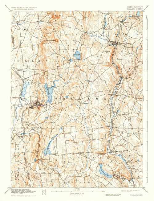 Tolland, CT 1892 (1937) USGS Old Topo Map Reprint 15x15 CT Quad 461181