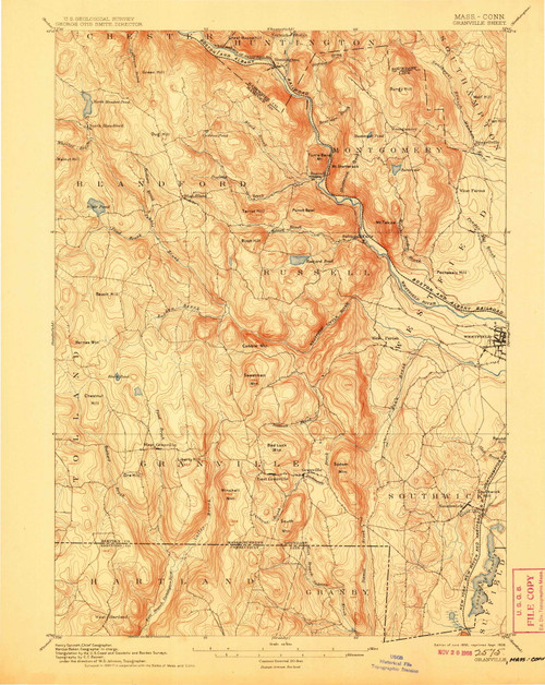 Granville, MA 1895 (1908) USGS Old Topo Map Reprint 15x15 MA Quad 352719