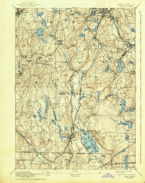 Webster, MA 1892 (1938) USGS Old Topo Map Reprint 15x15 MA Quad 353082