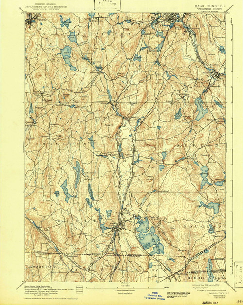 Webster, MA 1892 (1943) USGS Old Topo Map Reprint 15x15 MA Quad 353084