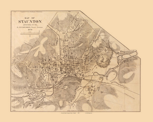 Staunton City - Augusta Co. Virginia 1870 Old Town Map Custom Print
