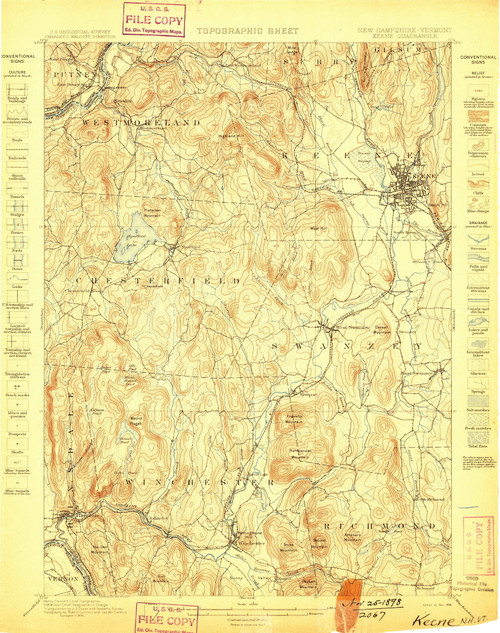 Keene, New Hampshire 1898 (1898) USGS Old Topo Map Reprint 15x15 NH Quad 330108