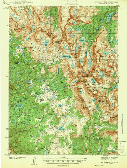 Mt Bonneville, Wyoming 1942 (1942) USGS Old Topo Map Reprint 15x15 WY Quad 342199