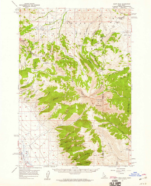 Scott Peak, Idaho 1957 (1959) USGS Old Topo Map Reprint 15x15 ID Quad 239266