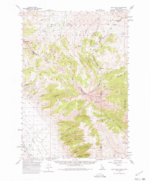 Scott Peak, Idaho 1957 (1980) USGS Old Topo Map Reprint 15x15 ID Quad 239267