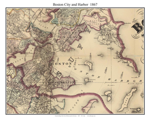 Boston City and Harbor Massachusetts 1867 Old Town Map Custom Print - Boston Environs - Suffolk  Co.