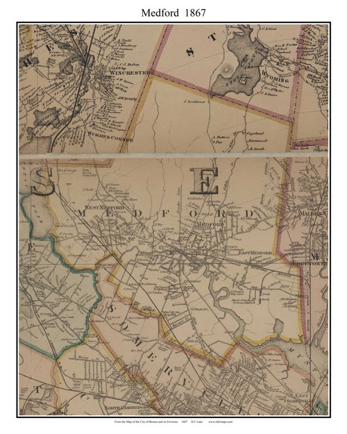 Medford Massachusetts 1867 Old Town Map Custom Print - Boston Environs - Middlesex  Co.