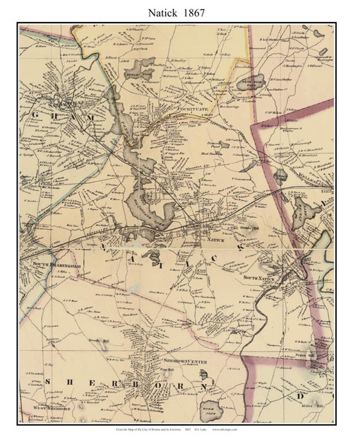 Natick Massachusetts 1867 Old Town Map Custom Print - Boston Environs - Middlesex  Co.