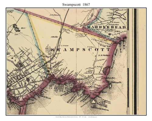 Old Salem Area (parts of Salem, Danvers, South Danvers, and Beverly) Massachusetts 1867 Old Town Map Custom Print - Boston Environs - Essex  Co.