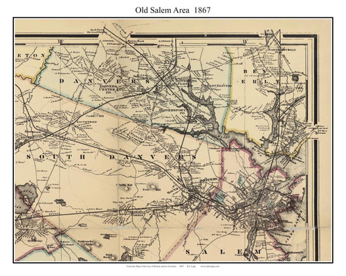 Old Salem Area (parts of Salem, Danvers, South Danvers, and Beverly) Massachusetts 1867 Old Town Map Custom Print - Boston Environs - Essex  Co.