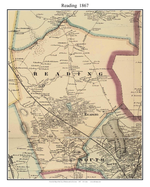 Reading Massachusetts 1867 Old Town Map Custom Print - Boston Environs - Middlesex  Co.