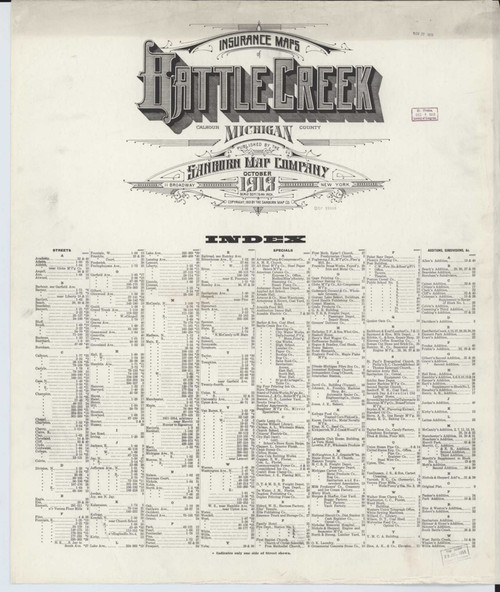 Battle Creek Michigan 1913 - Fire Insurance Index - Old Map Reprint