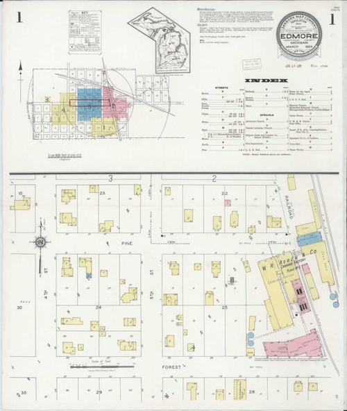 Edmore Michigan 1929 - Fire Insurance Index - Old Map Reprint
