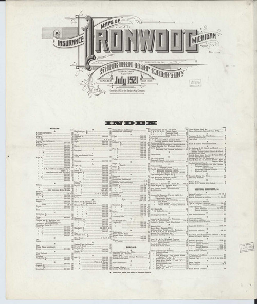 Ironwood Michigan 1921 - Fire Insurance Index - Old Map Reprint