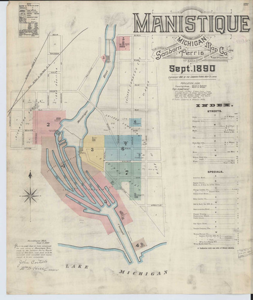 Manistique Michigan 1890 - Fire Insurance Index - Old Map Reprint