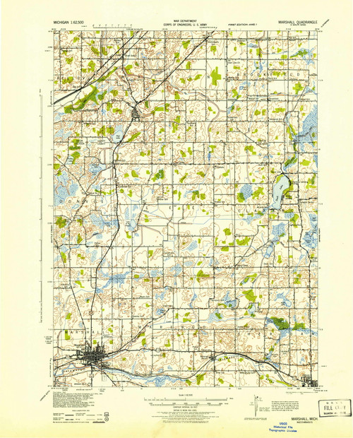 Marshall, Michigan 1943 (1943) USGS Old Topo Map Reprint 15x15 MI Quad 278325