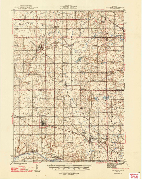Ravenna, Michigan 1945 (1947) USGS Old Topo Map Reprint 15x15 MI Quad 278437
