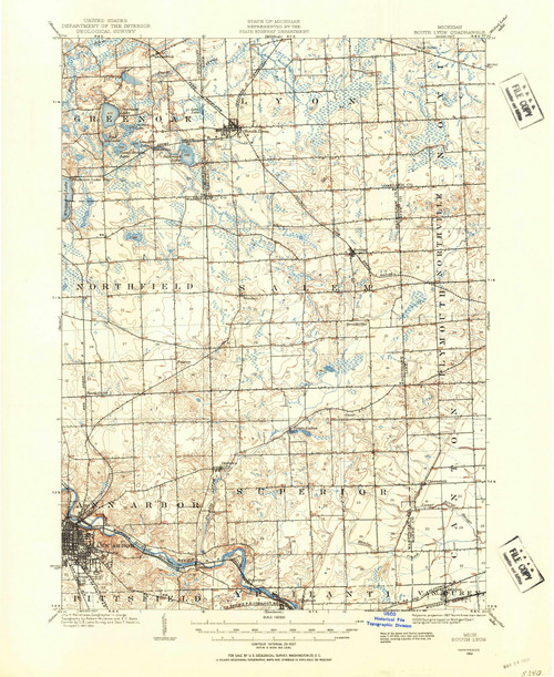 South Lyon, Michigan 1902 (1954) USGS Old Topo Map Reprint 15x15 MI Quad 278512
