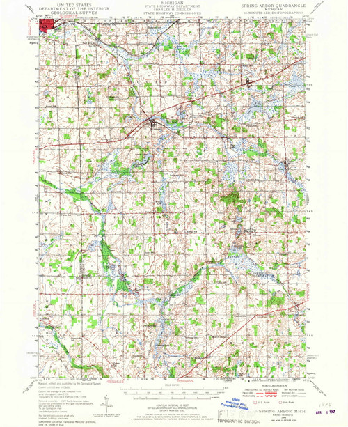Spring Arbor, Michigan 1948 (1967) USGS Old Topo Map Reprint 15x15 MI Quad 278518