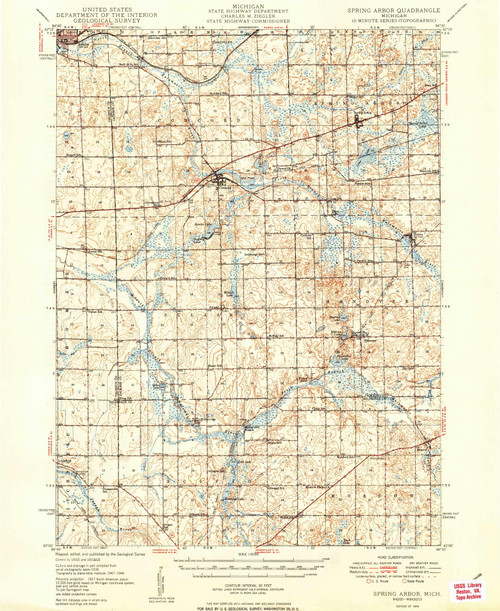 Spring Arbor, Michigan 1949 (1949) USGS Old Topo Map Reprint 15x15 MI Quad 278519