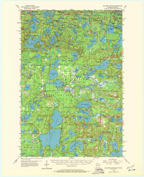Boulder Junction, Michigan 1955 (1972) USGS Old Topo Map Reprint 15x15 MI Quad 801418